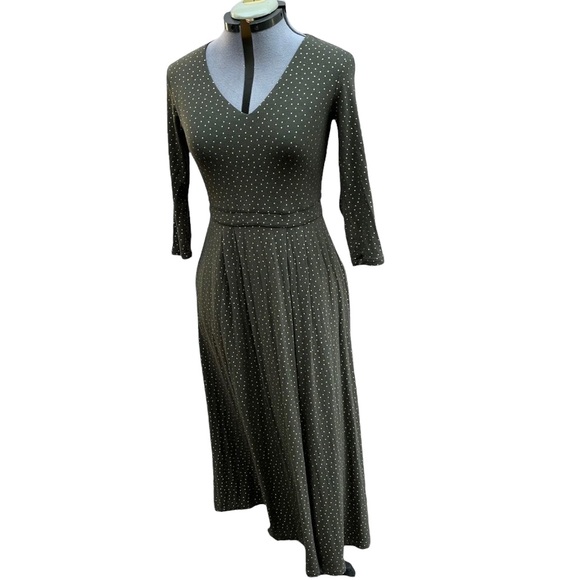 Boden Dress Green Gold Polka Dot Viscose Jersey Knit V Neck Pleated Midi Size 4 - Picture 6 of 9